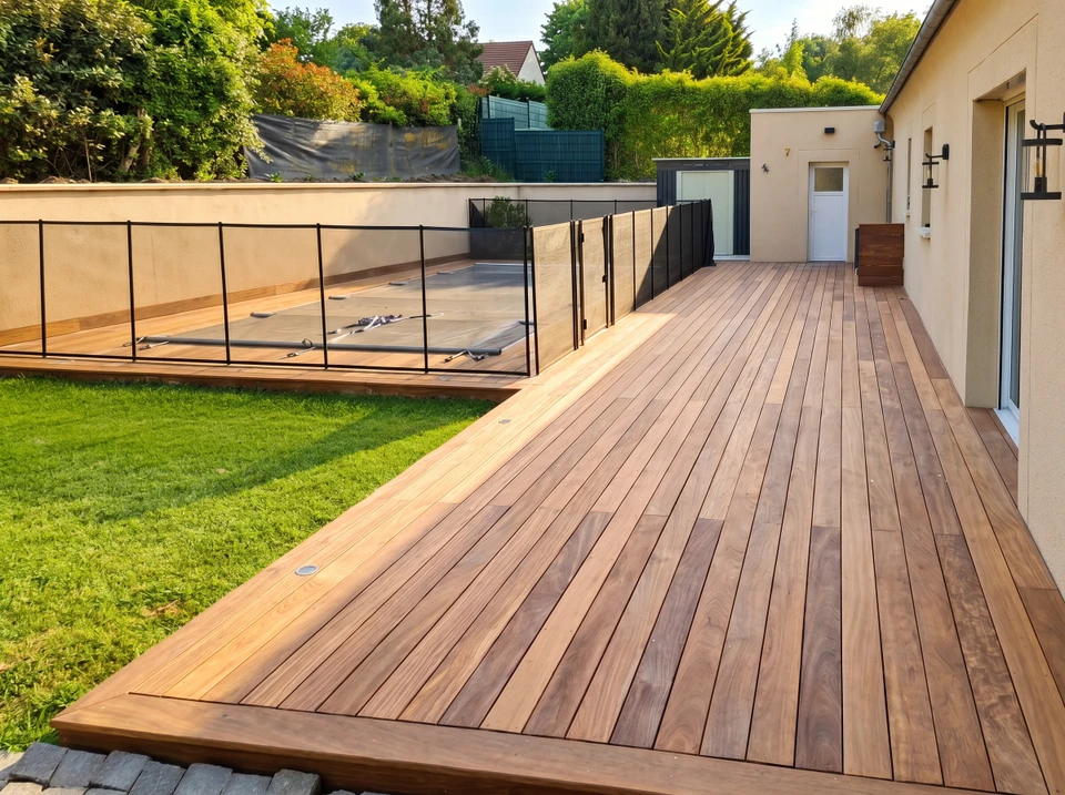 Terrasse extérieure en bois exotique avec lames posées perpendiculairement, bordée de gravier décoratif